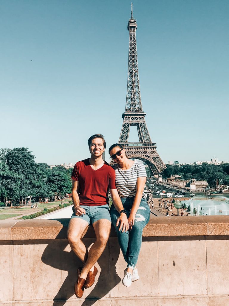 Kat and Chris in front of the Eiffel Tower - Romantic Things to do in Paris