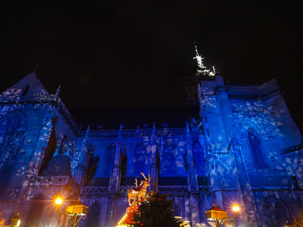 Colmar Cathedral lit up at night for the holidays