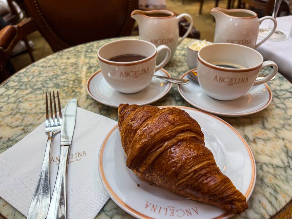 Croissant, coffee, and hot chocolate at Angelina