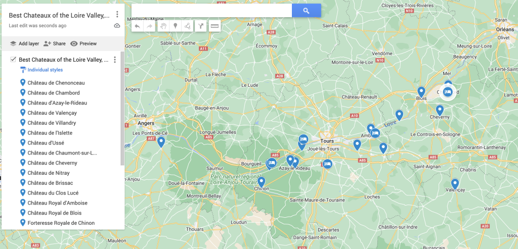 Map of the Best Chateaux of the Loire Valley
