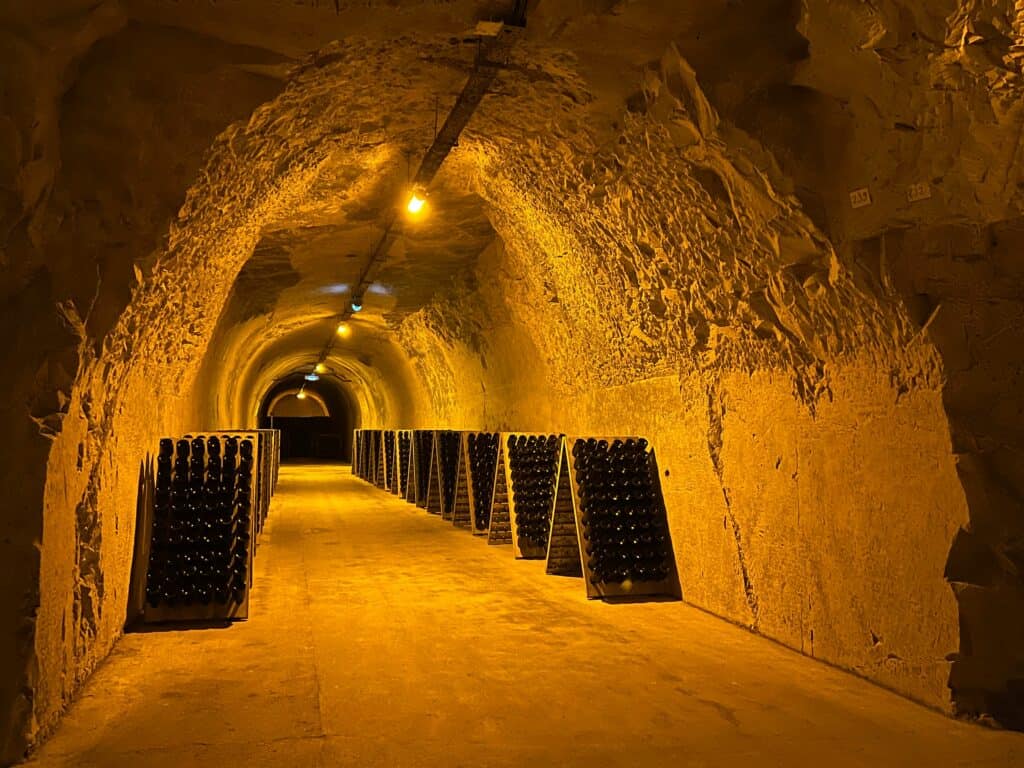 Champagne in the riddling table in Taittinger's cellars