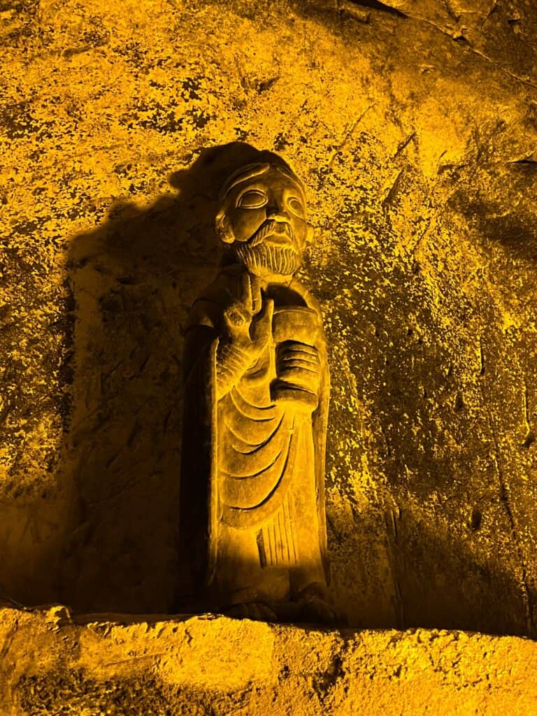 Monk carving in Taittinger Cellar