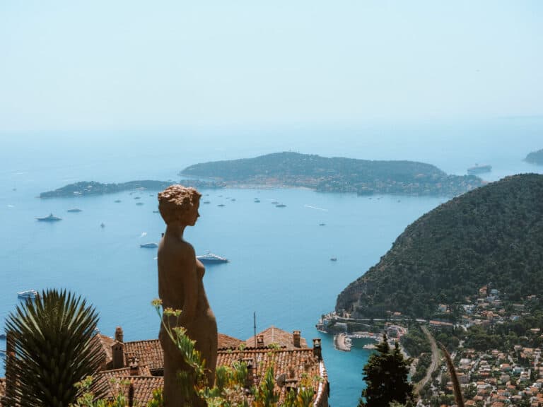 Lady statue overlooking from the jardin exotique in Eze