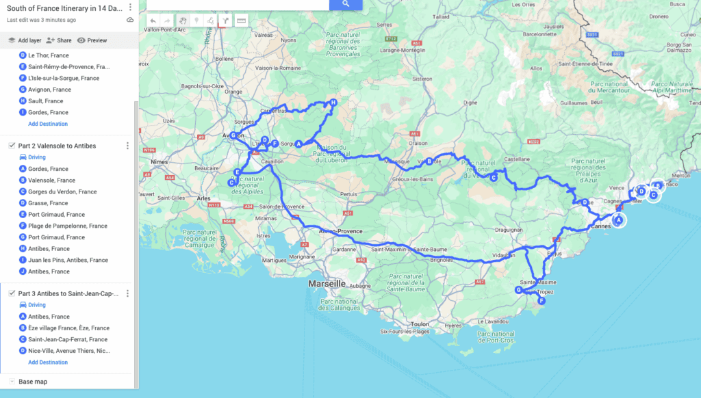 South of France Road Trip Itinerary in 14 Days Map