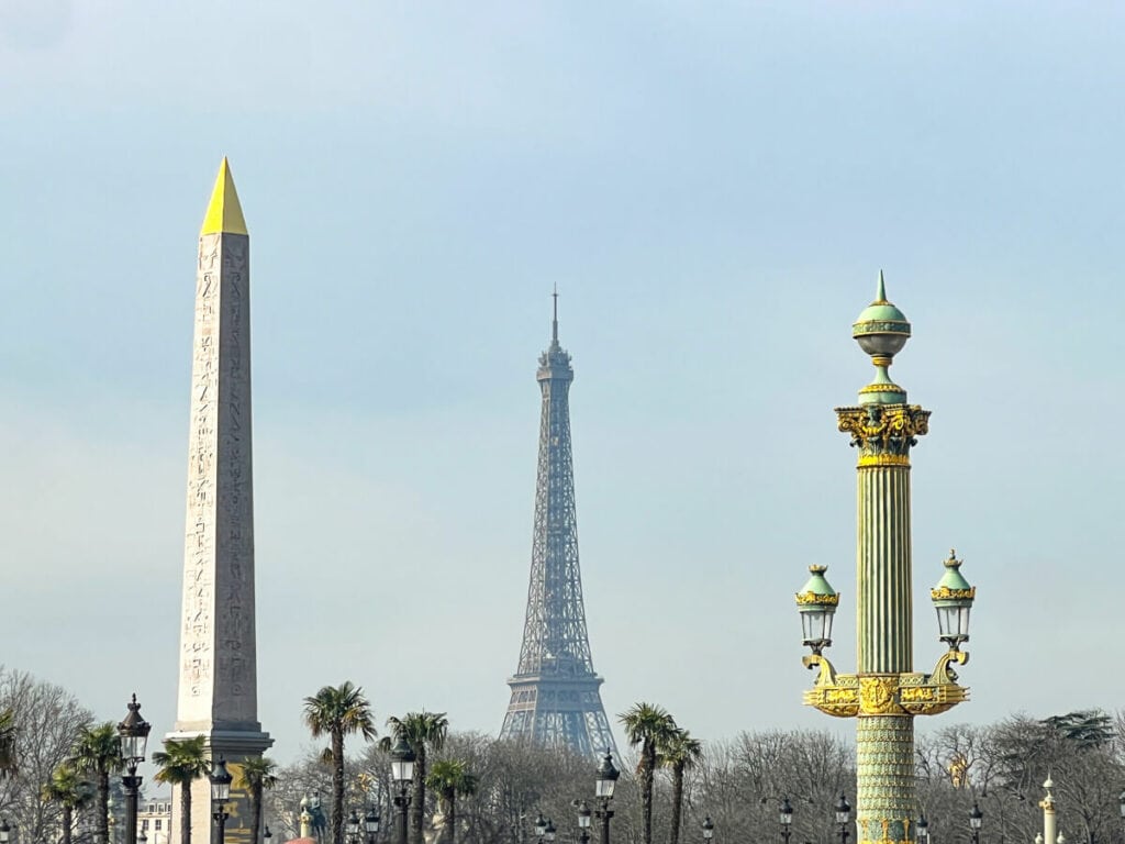 View of Eiffel Tower and Obelisk in Paris at Place de la Concorde