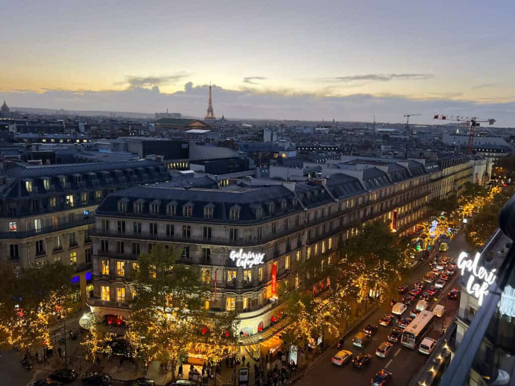 Dusk at Galeries Lafayette around the holidays