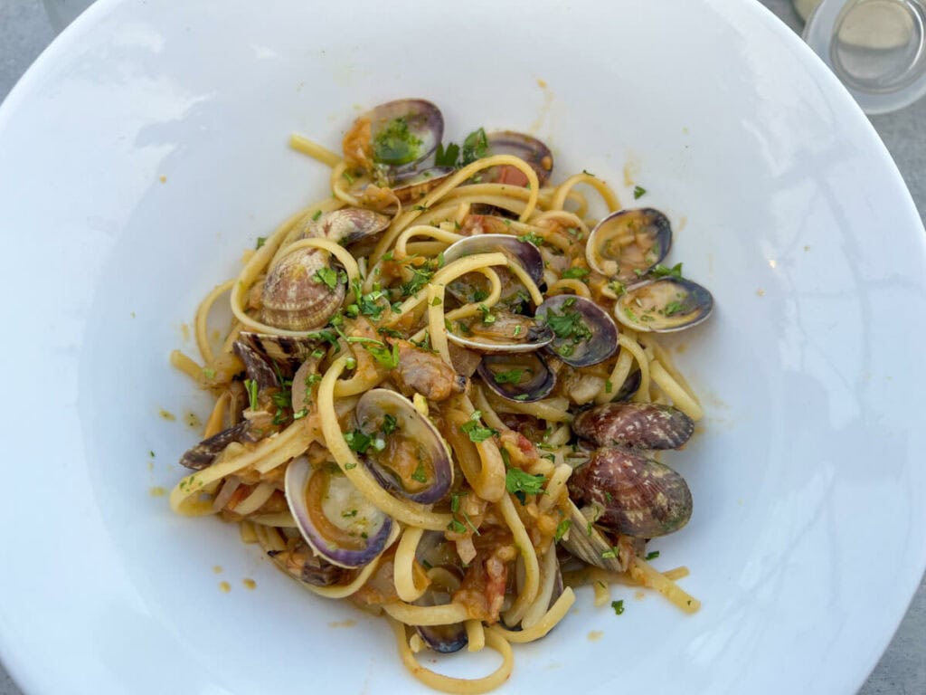 Seafood pasta on L'Accario Plage