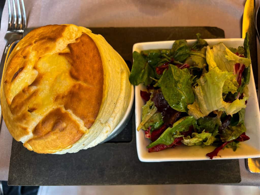 Cheese souffle and salad at Le Recamier