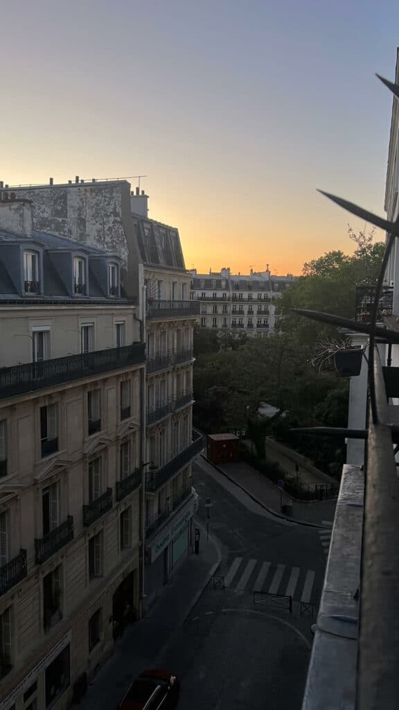 Paris rooftop sunset view with historic buildings and cityscape silhouette.