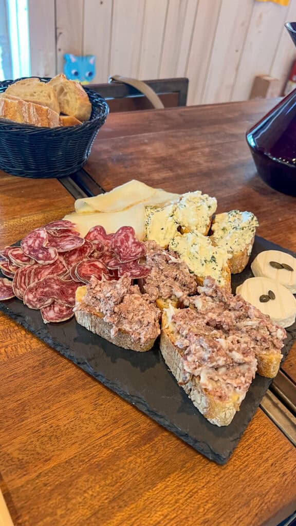 Meat and cheese platter while wine tasting in Cahors
