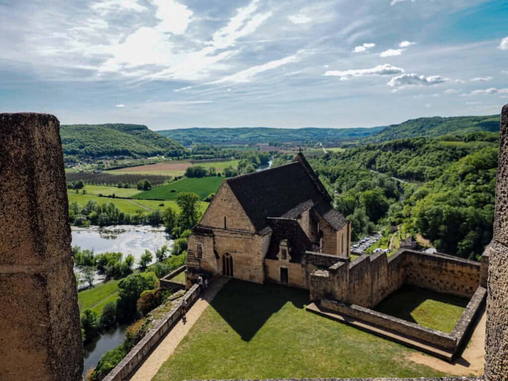 View from tower at Chateau de Beynac over courtyard and landscape